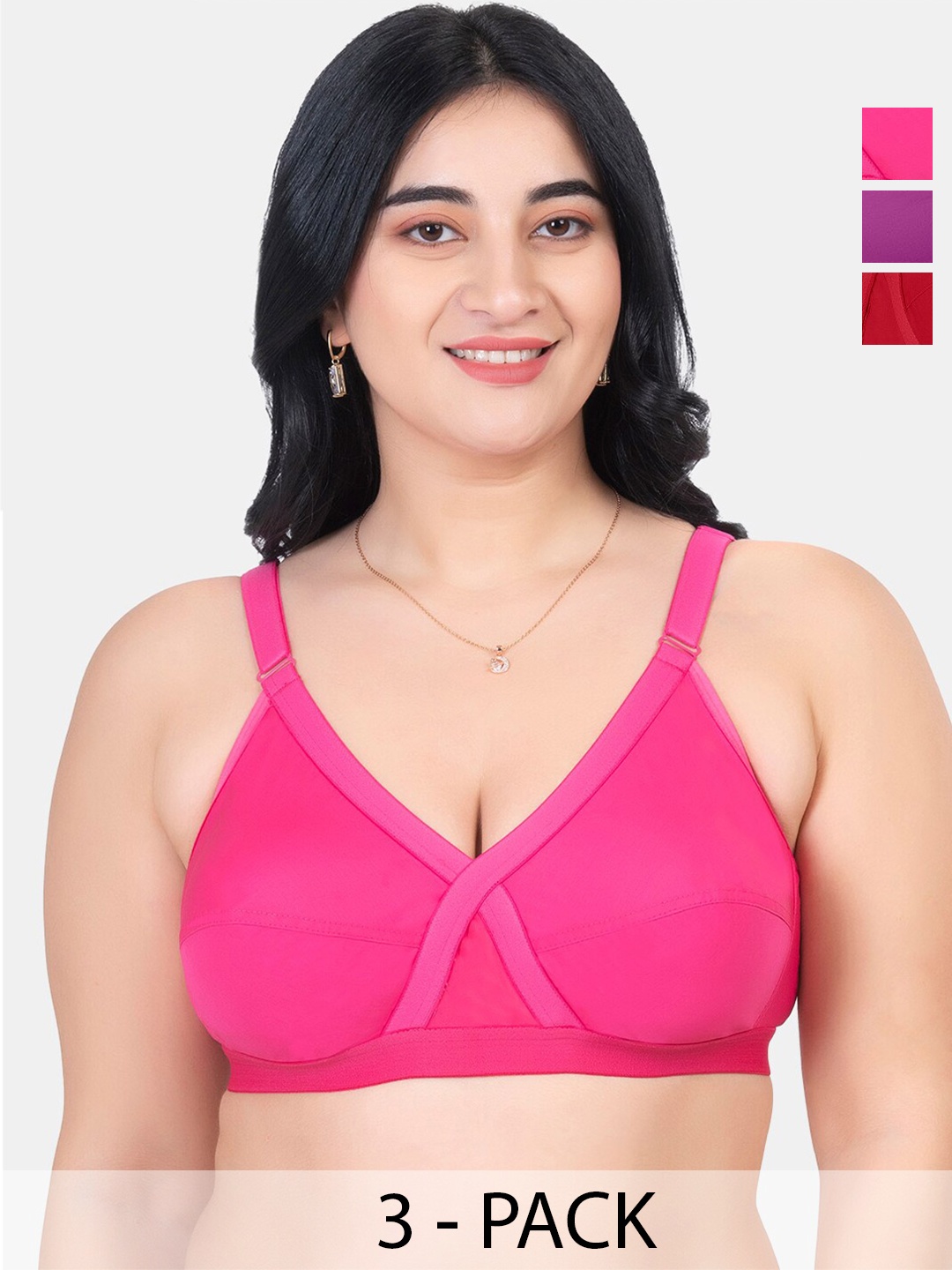 

KOMLI Pack Of 3 Full Coverage Non Padded Pure Cotton Minimizer Bras With All Day Comfort, Pink