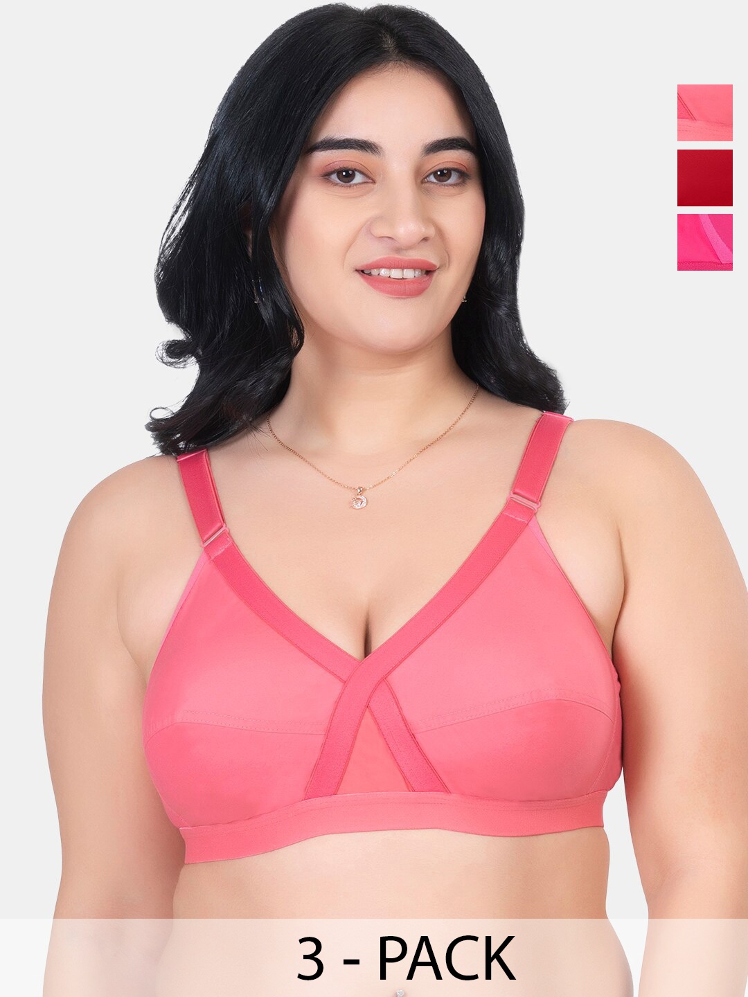

KOMLI Pack Of 3 Non Padded Full Coverage Cotton Minimizer Bra- All Day Comfort, Pink