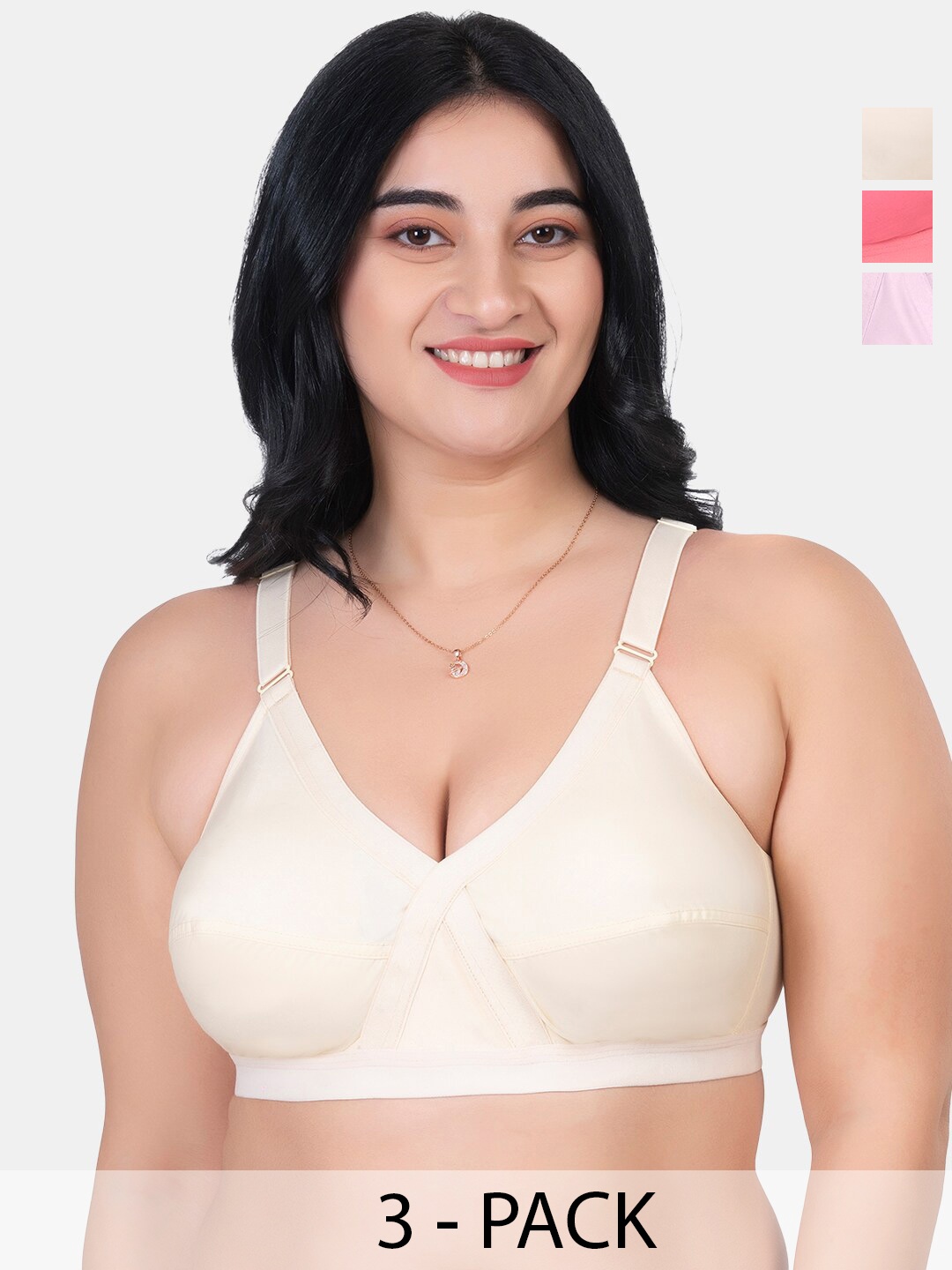 

KOMLI Pack Of 3 Non Padded Full Coverage Cotton Minimizer Bra- All Day Comfort, Coral