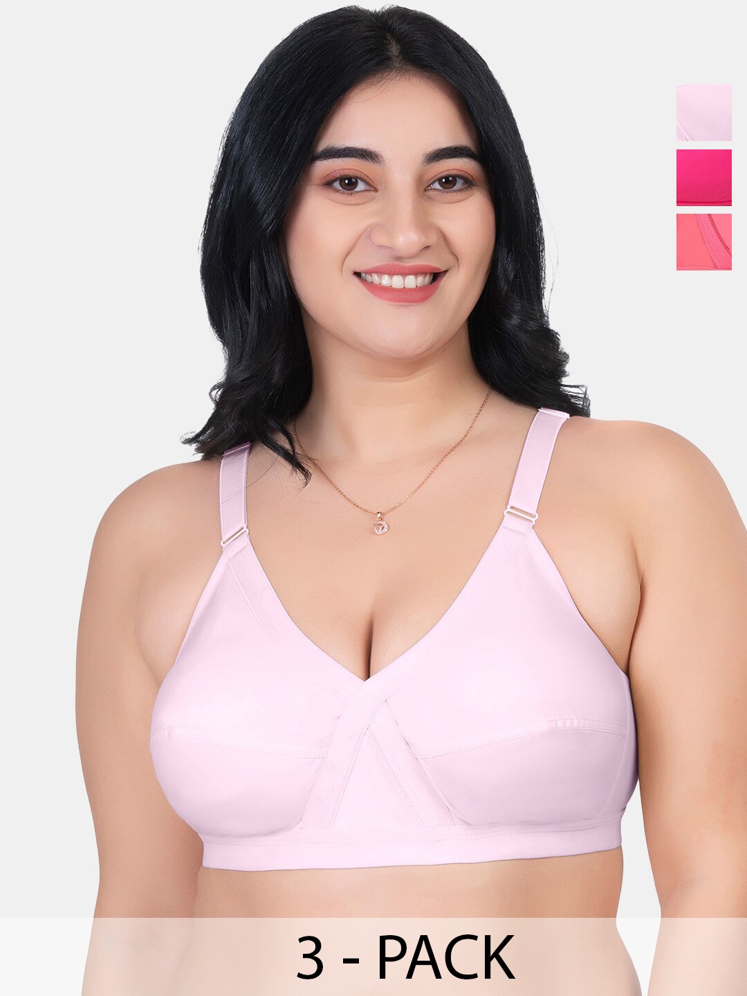 

KOMLI Pack Of 3 Non Padded Full Coverage Cotton Minimizer Bra- All Day Comfort, Pink