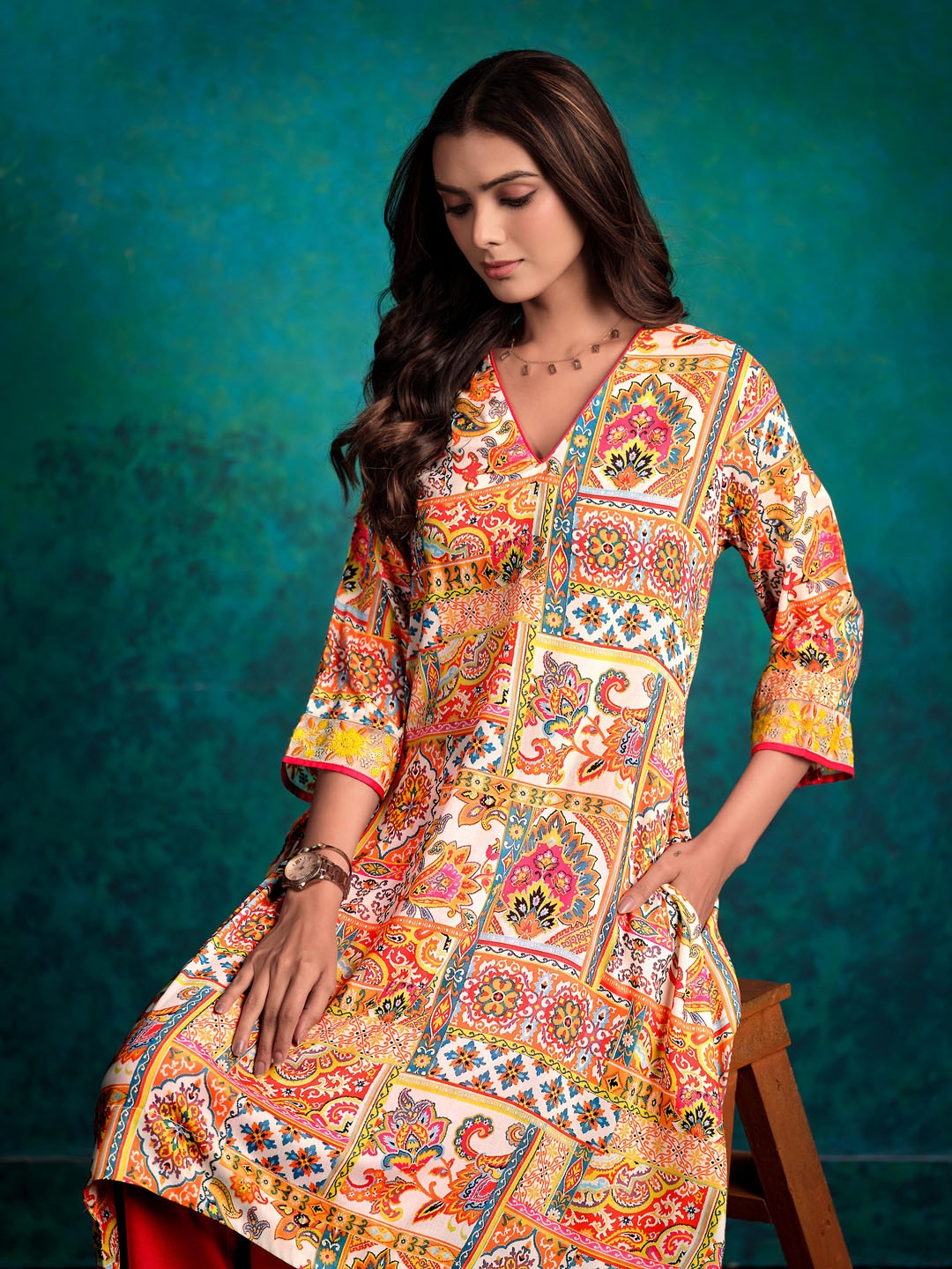 

Sangria Ethnic Motifs Printed Asymmetric A-Line Kurta With Trousers, Yellow