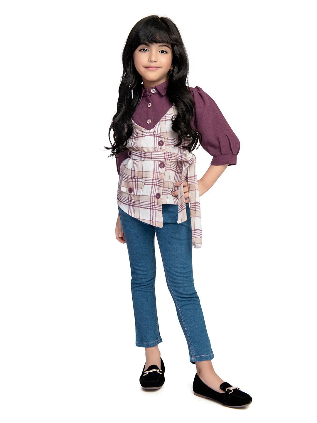 

Tiny Kingdom Checked Three-Quarter Sleeves Cotton Shirt Style Top, Burgundy