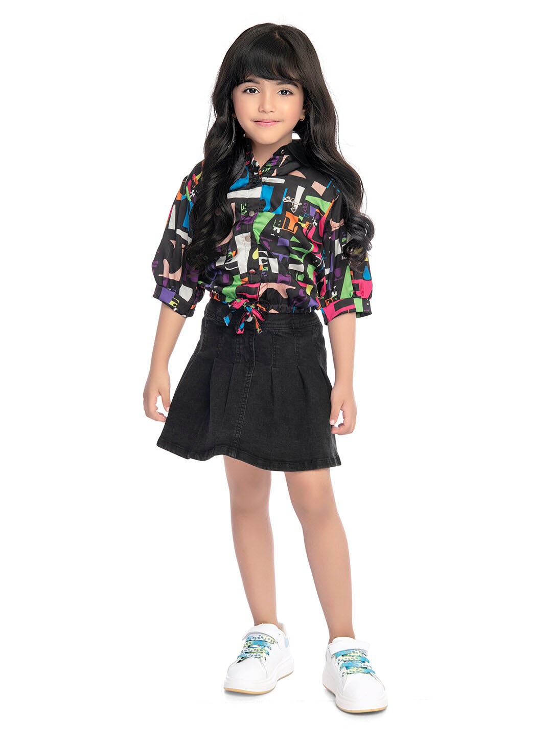 Tiny Kingdom Girls Abstract Printed Tie-Ups Shirt Style Top, Black