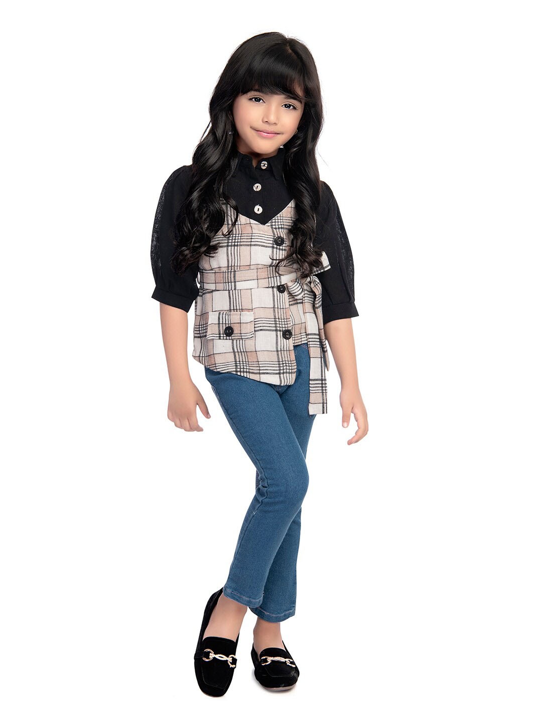 

Tiny Kingdom Girls Checked Tie-Ups Cotton Shirt Style Top, Black