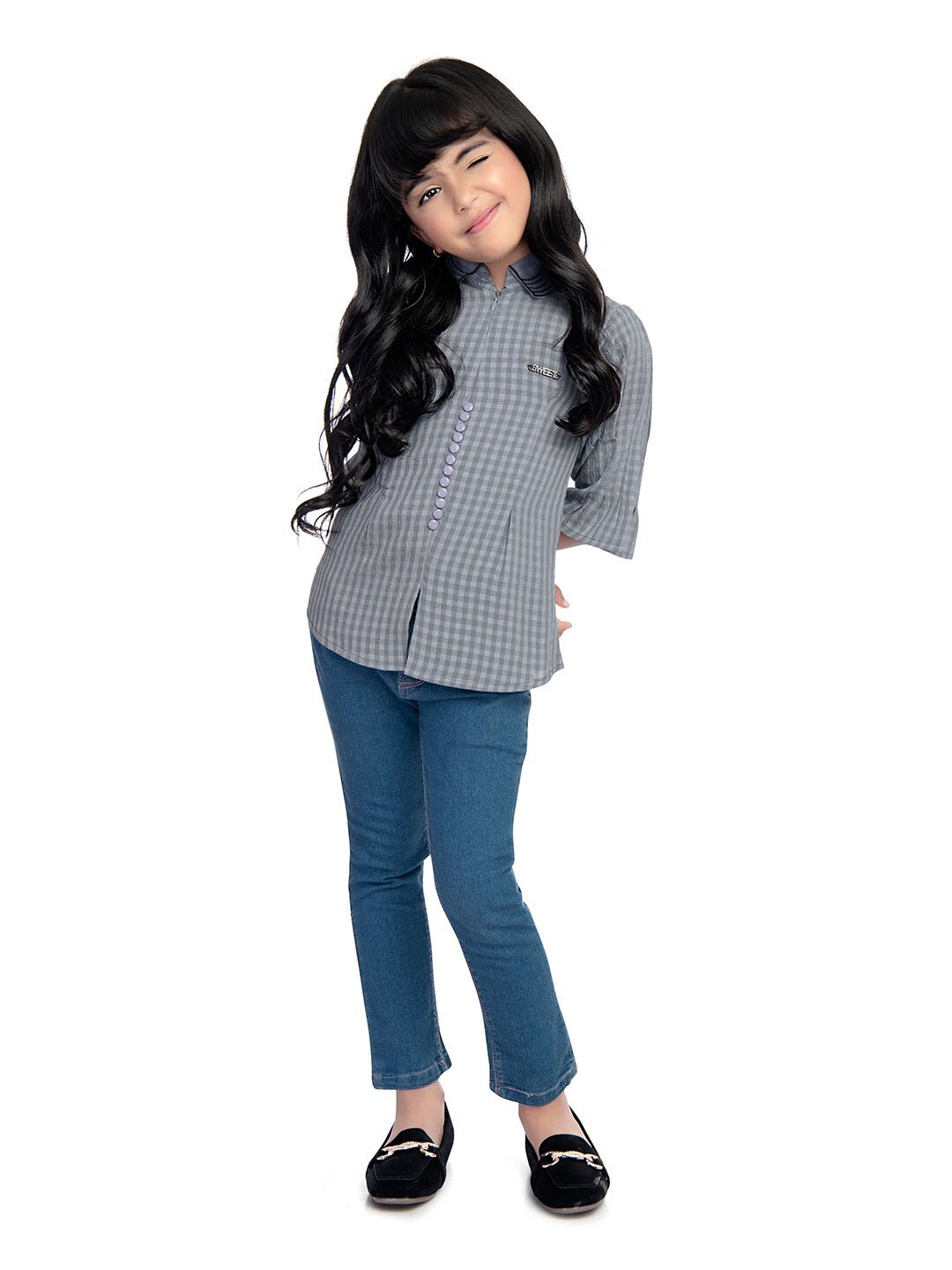 Tiny Kingdom Girls Checked Shirt Style Top, Grey