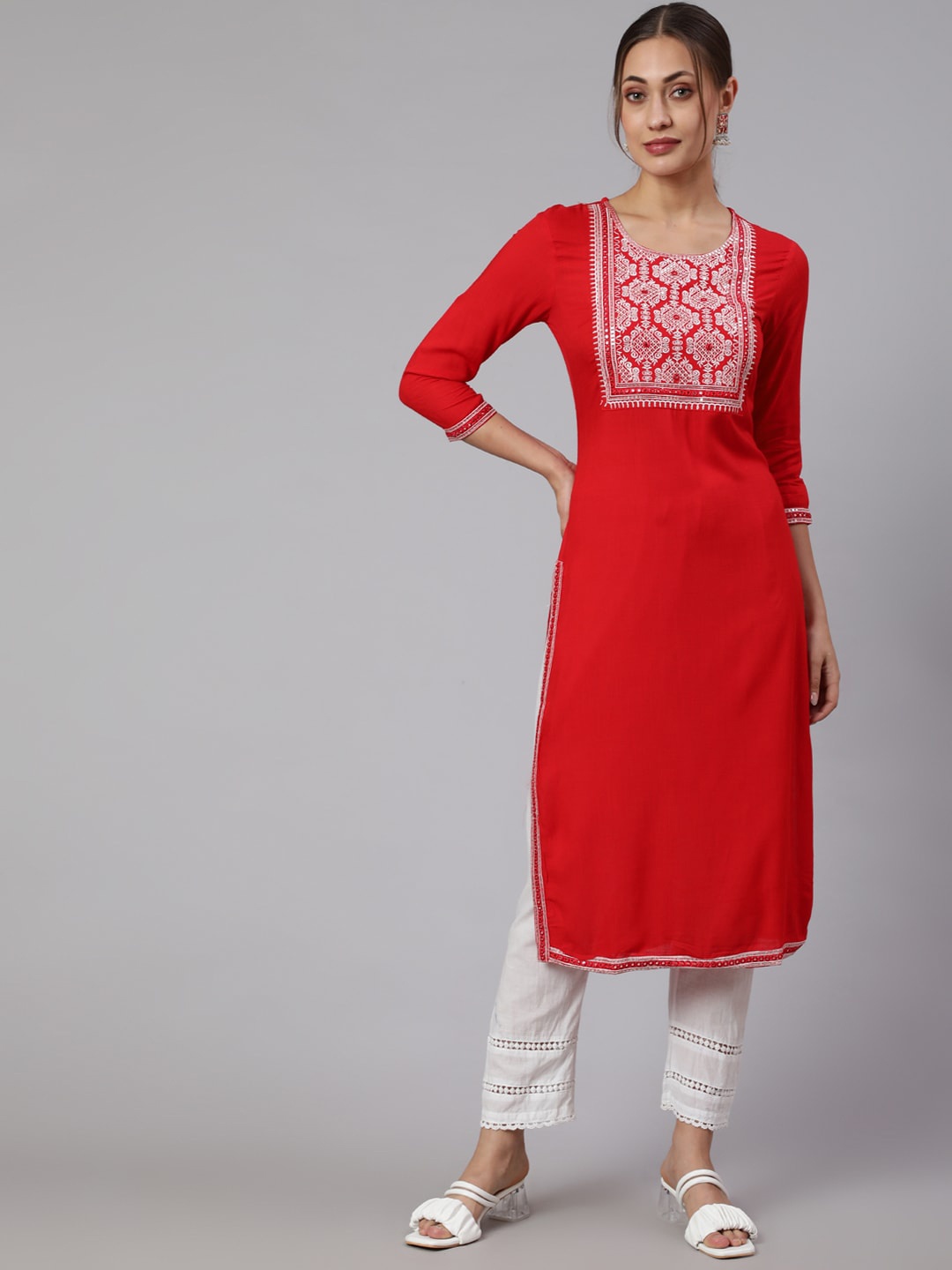 

STYLE ANGEL Round Neck Floral Yoke Design Regular Thread Work Kurta Set, Red