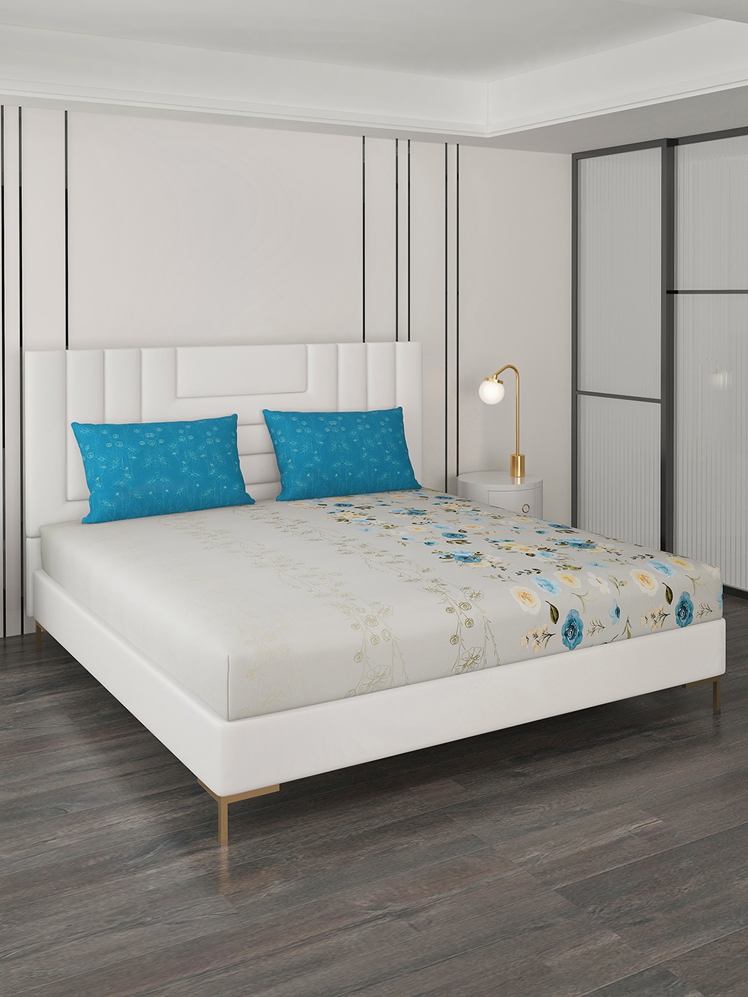 

Monte Carlo Grey & Blue Floral Cotton 300 TC King Bedsheet with 2 Pillow Covers