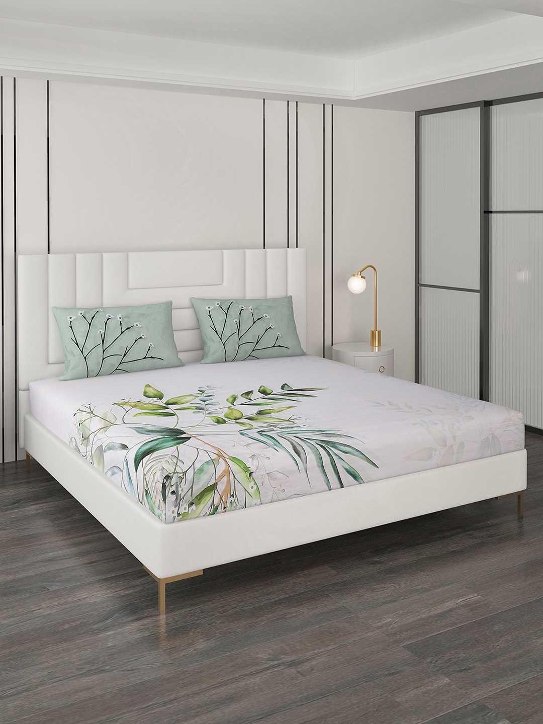 

Monte Carlo White & Green Floral 300 TC Cotton King Bedsheet with 2 Pillow Covers