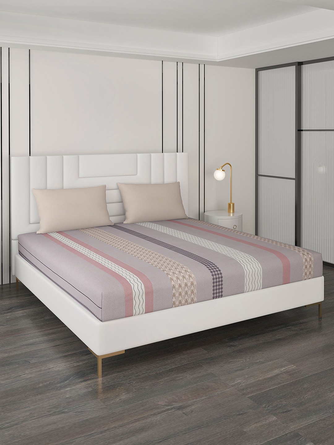 

Monte Carlo Pink Striped Cotton 200 TC Queen Bedsheet with 2 Pillow Covers