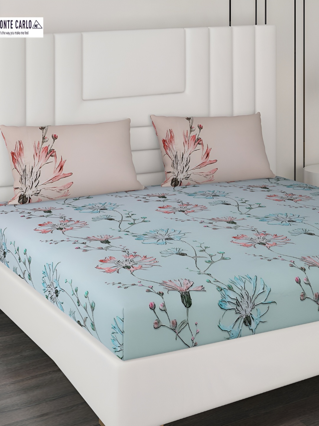 

Monte Carlo Blue & Peach-Coloured Floral 300 TC King Bedsheet with 2 Pillow Covers