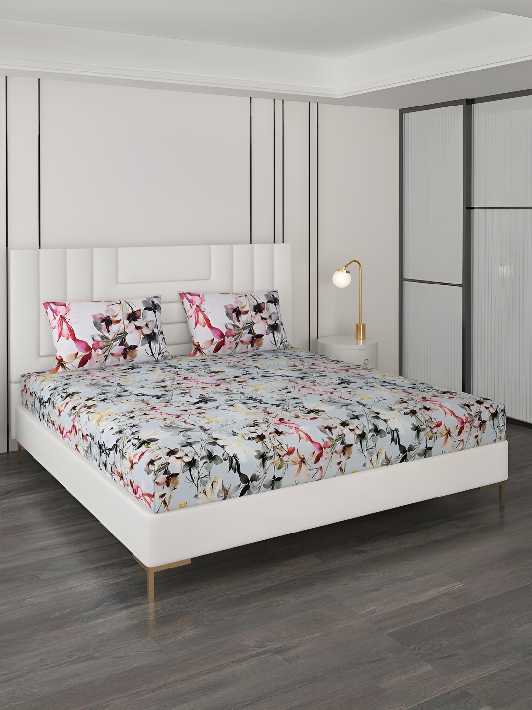 

Monte Carlo Blue & Pink Floral 300 TC King Bedsheet with 2 Pillow Covers