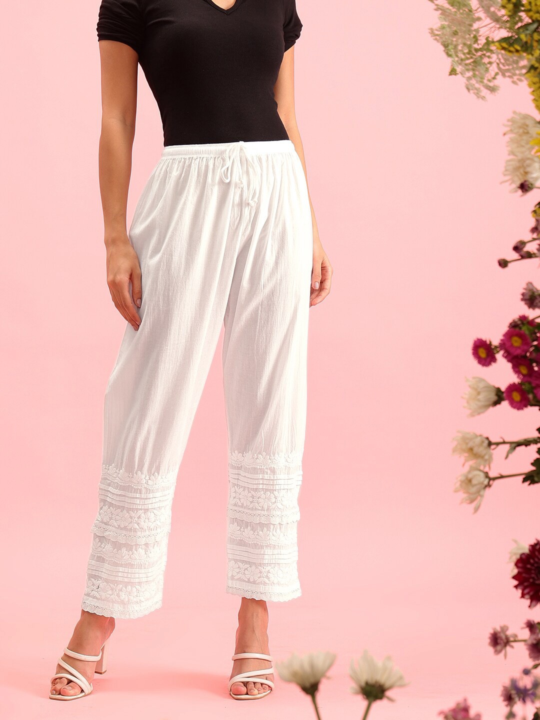 

ADA Floral Embroidered Cotton Straight Palazzos, White