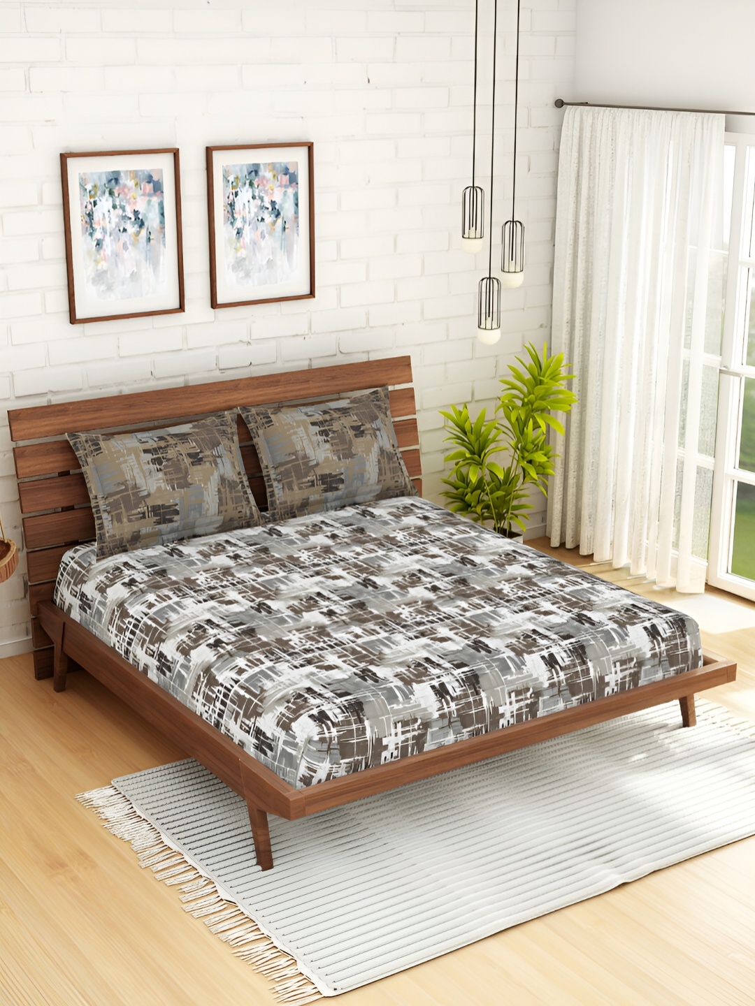 

SPACES Brown & Grey Cotton 144 TC Queen Bedsheet with 2 Pillow Covers