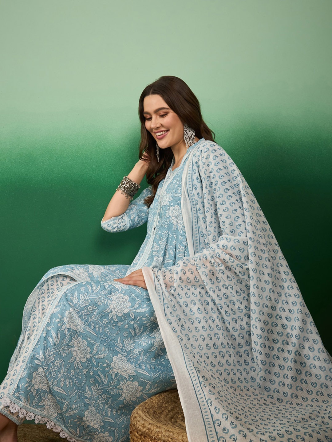 

Sangria Floral Printed Anarkali Kurta With Trousers & Duppatta, Blue