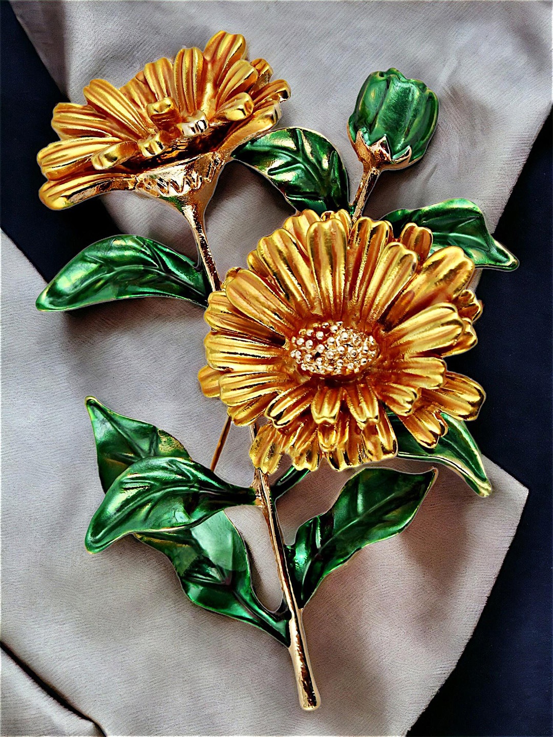 

LUCKY JEWELLERY Unisex Gold Plated Meenakari Sunflower Saree Brooch, Mustard
