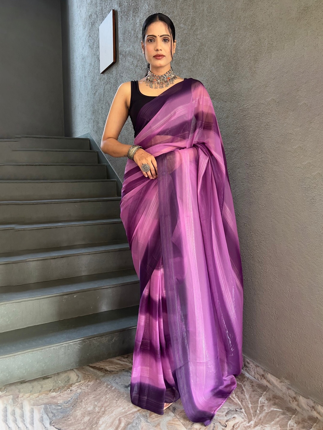 

LeeliPeeri Designer Striped Ready to Wear Saree, Purple