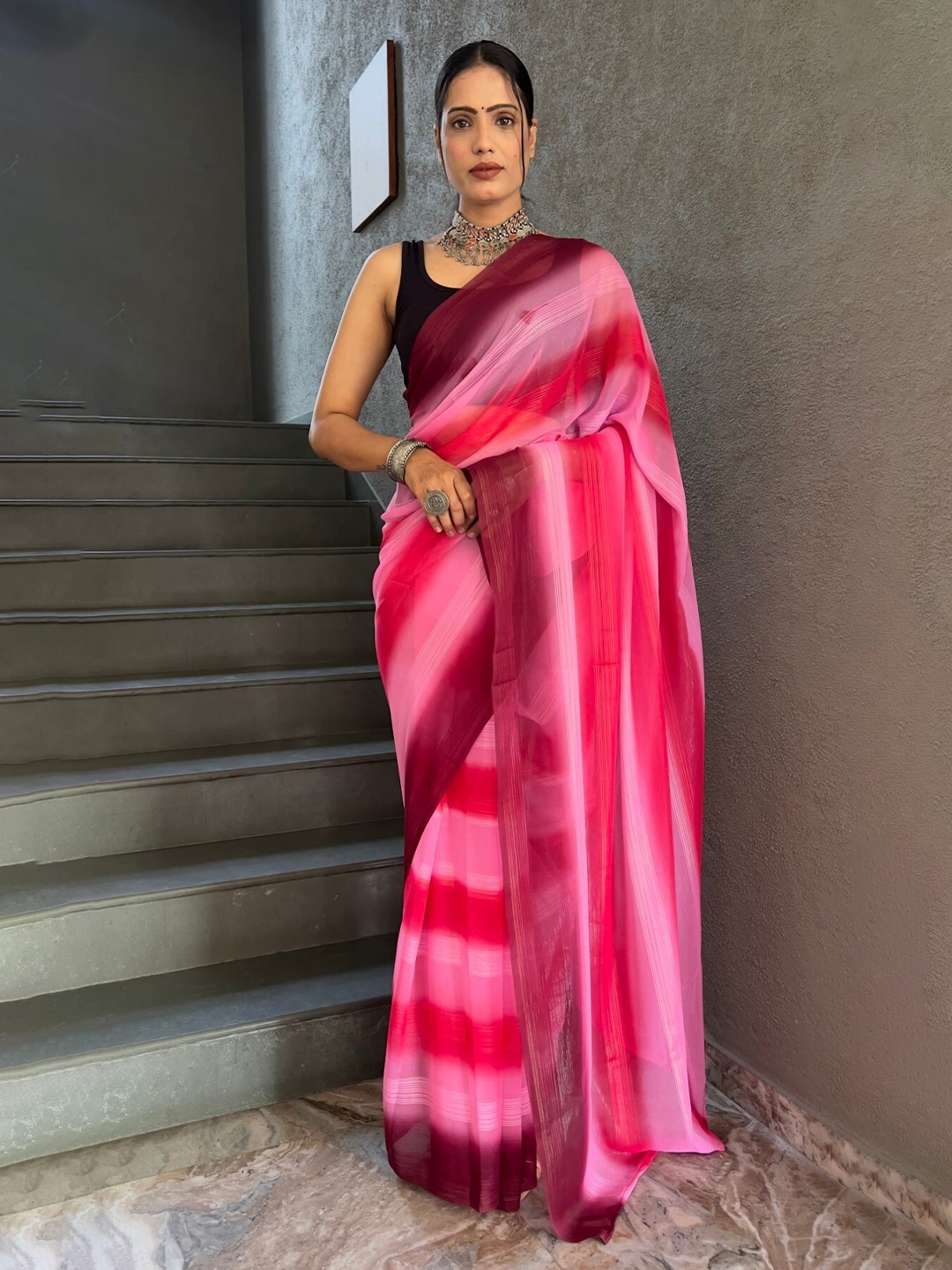 

LeeliPeeri Designer Striped Ready to Wear Saree, Pink