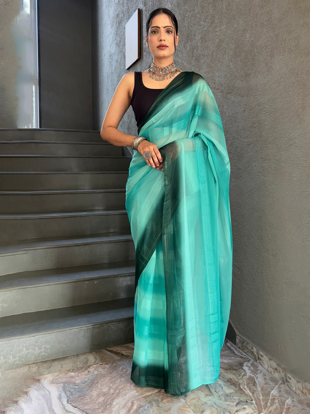 

LeeliPeeri Designer Striped Ready to Wear Saree, Teal