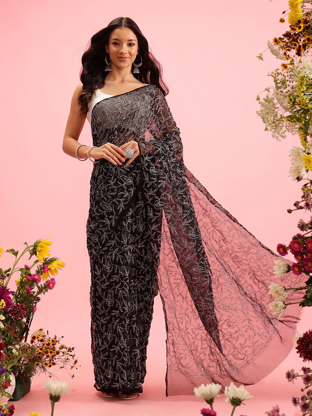 

ADA Ethinic Motifs Embroidered Chikankari Saree, Black