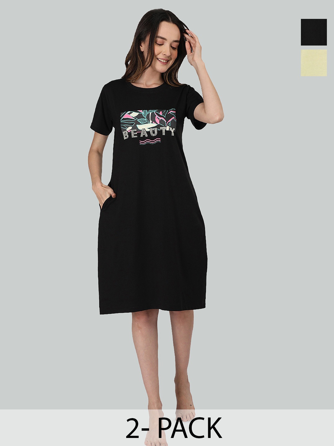 

Duchess Pack of 2 Graphic Printed T-shirt Nightdress, Black