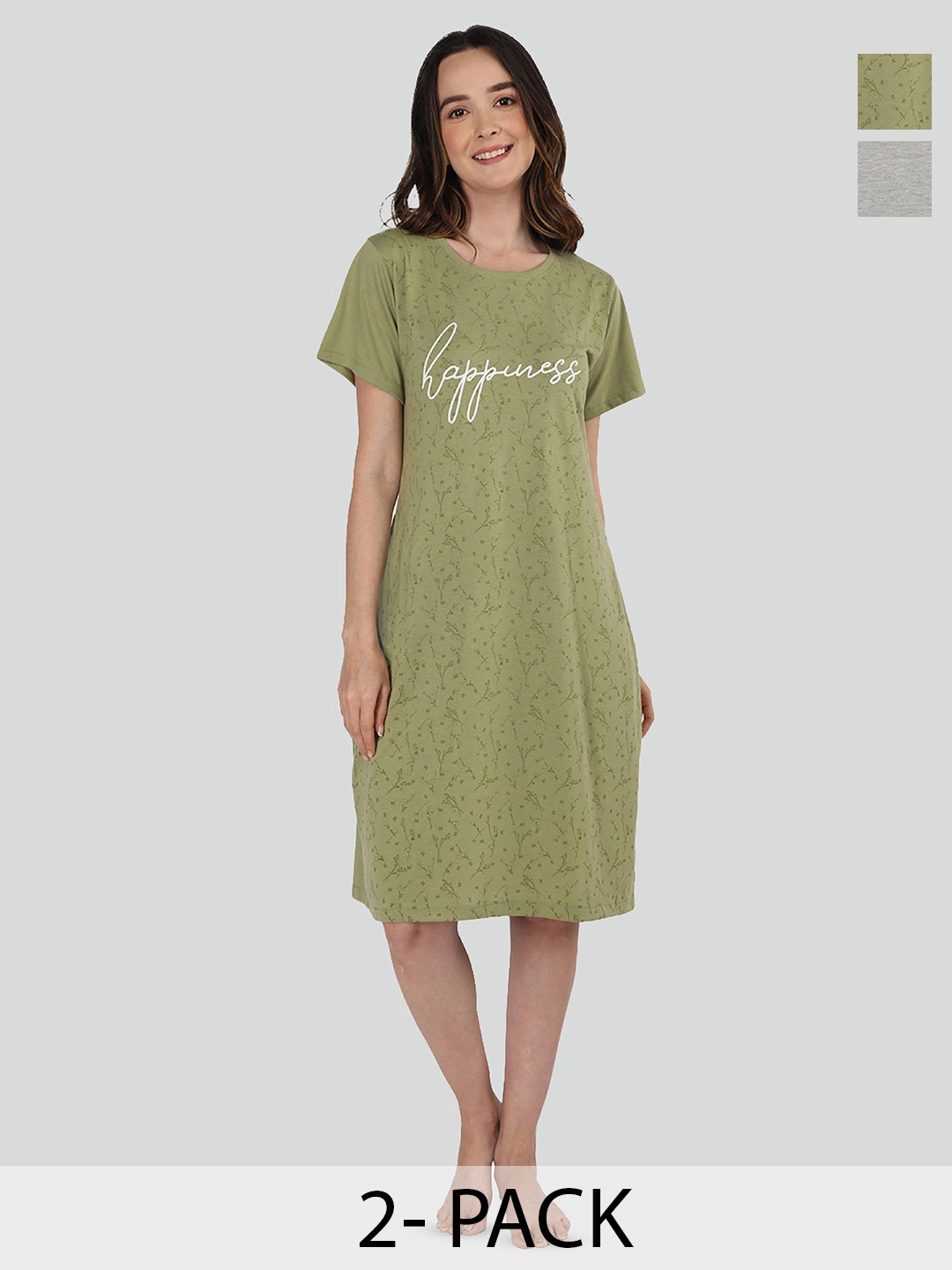 

Duchess Pack of 2 Typography Printed T-shirt Nightdress, Green