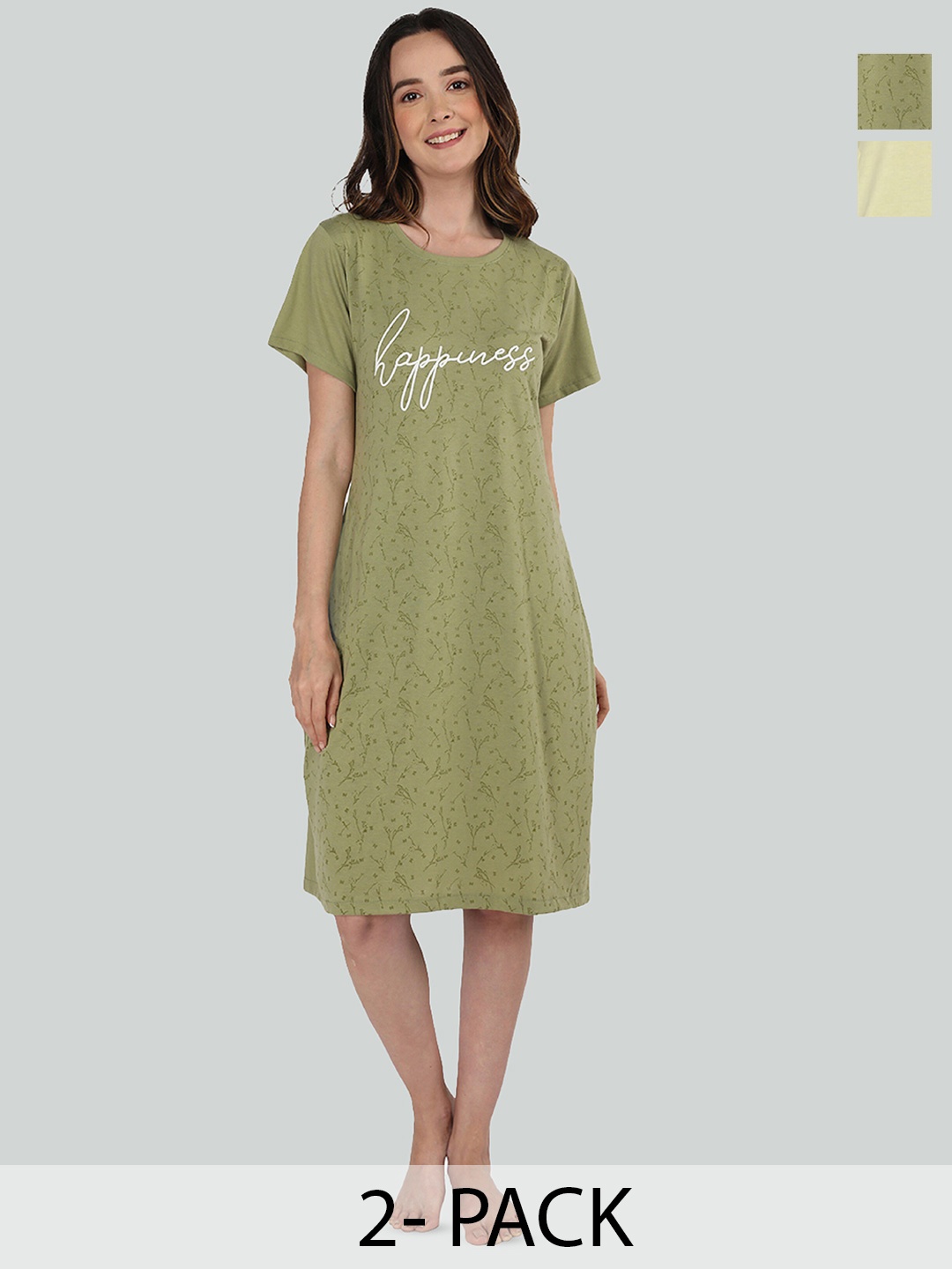 

Duchess Pack of 2 Typography Printed T-shirt Nightdress, Green