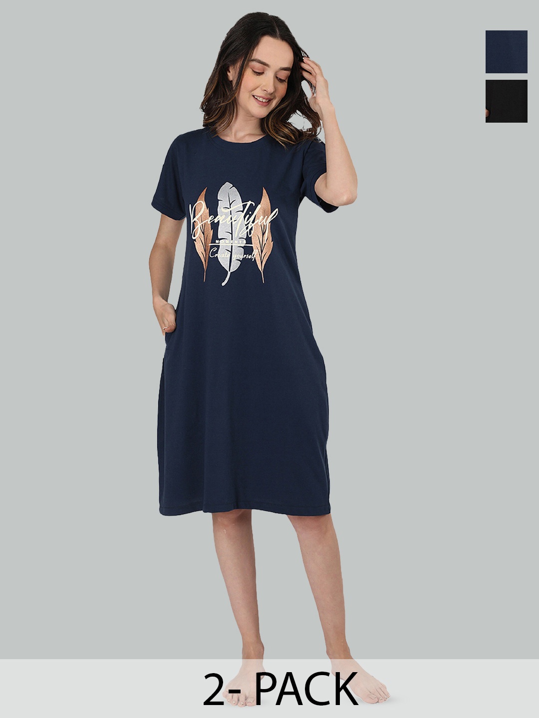 

Duchess Pack of 2 Graphic Printed T-shirt Nightdress, Navy blue