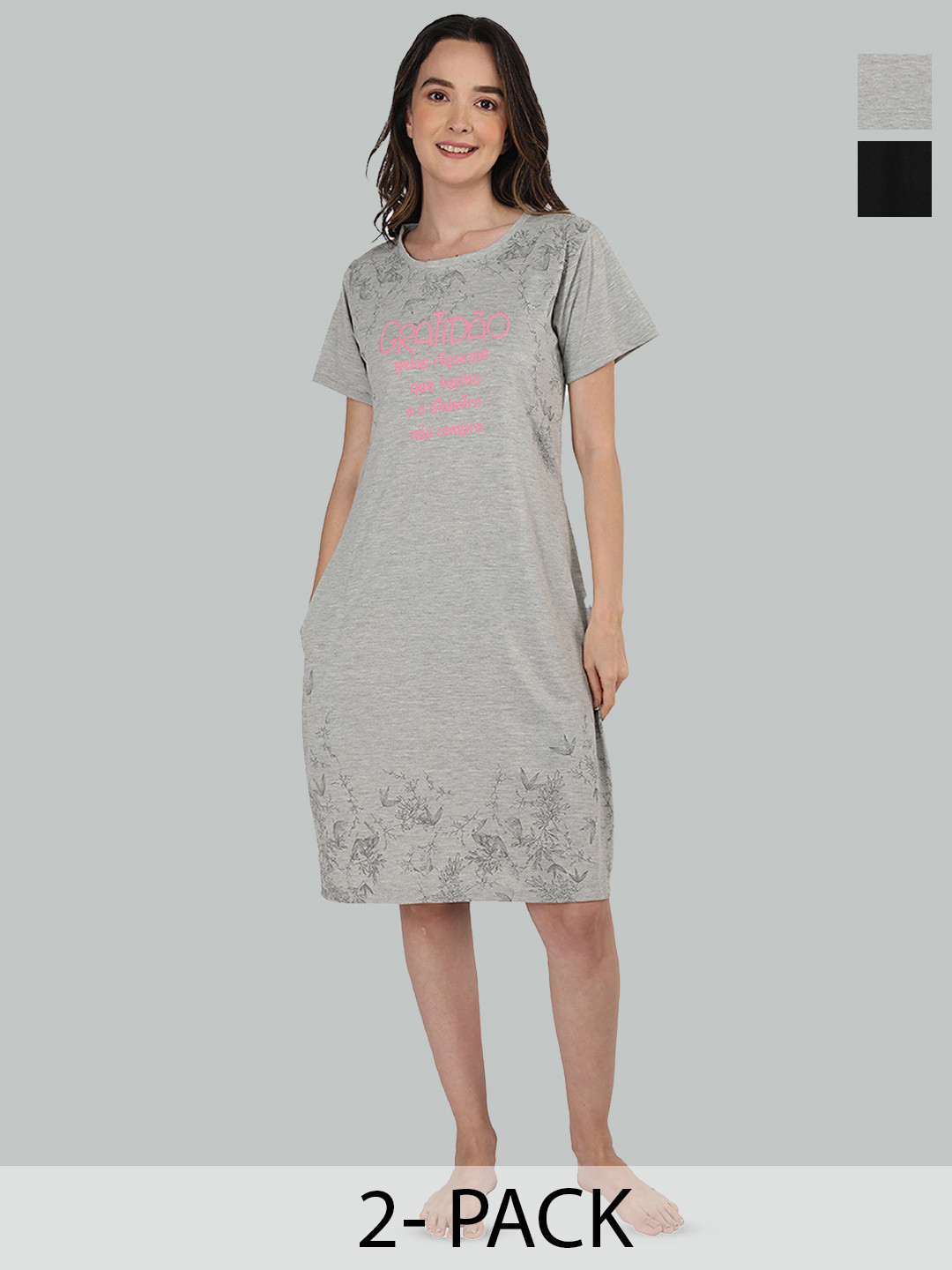 

Duchess Pack of 2 Typography Printed T-shirt Nightdress, Grey