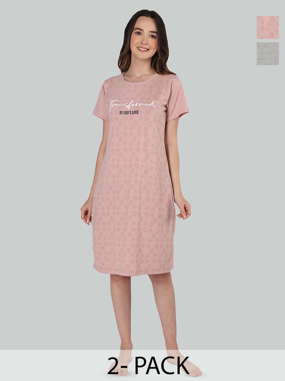 

Duchess Pack of 2 Typography Printed T-shirt Nightdress, Peach