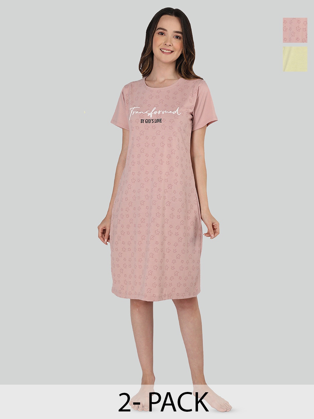 

Duchess Pack Of 2 Printed Cotton T-shirt Nightdress, Pink