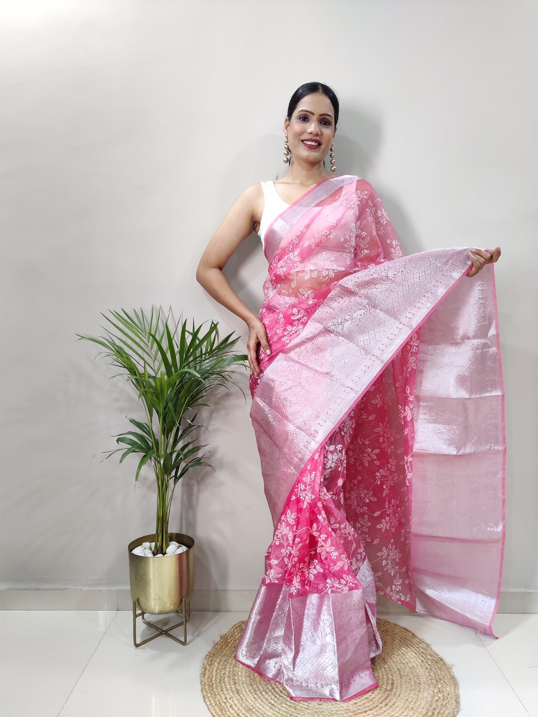 

LeeliPeeri Designer Flora Printed Ready to Wear Zari Organza Saree, Pink