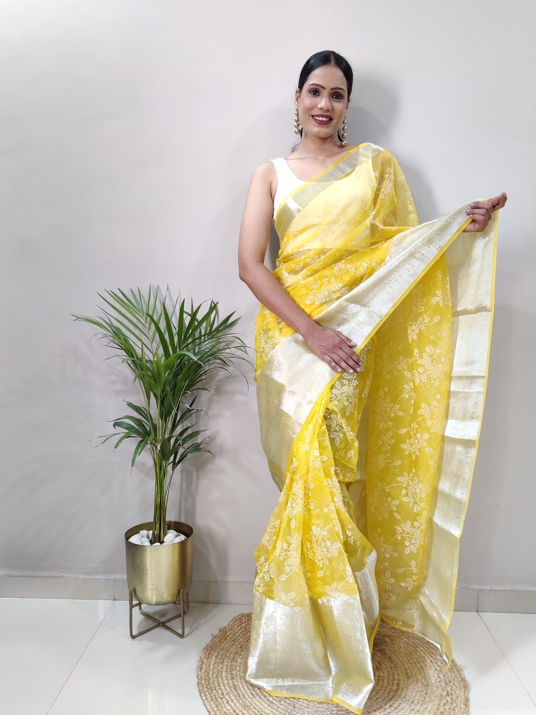 

LeeliPeeri Designer Floral Printed Zari Ready to Wear Organza Saree, Yellow