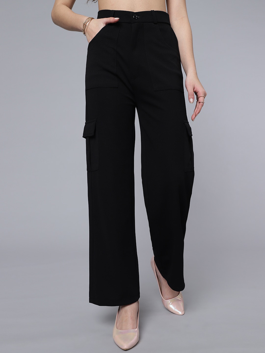 

Purple Feather Women Smart Straight Fit High-Rise Trousers, Black