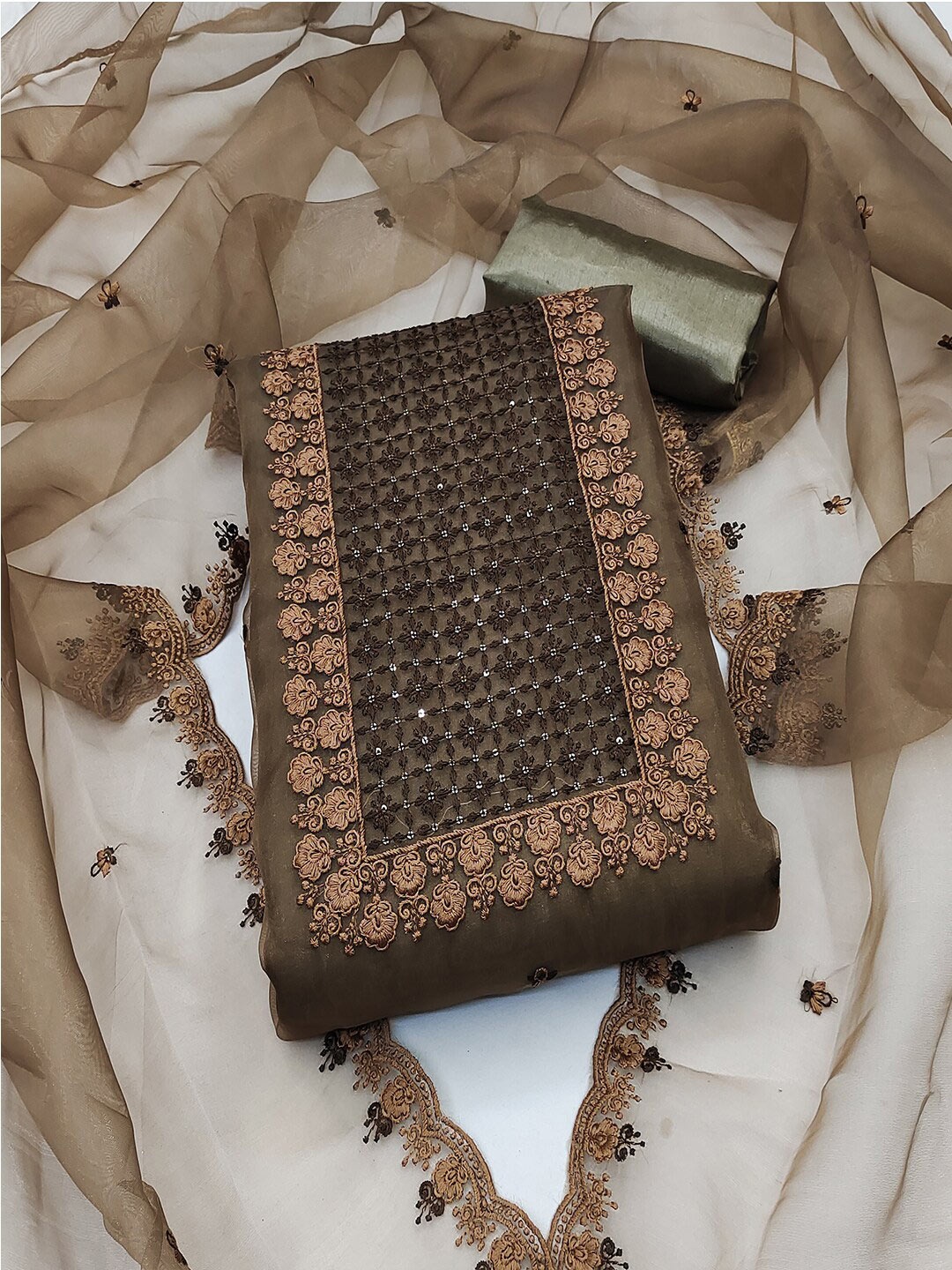 

Lilots Organza Embroidered Unstitched Dress Material, Coffee brown