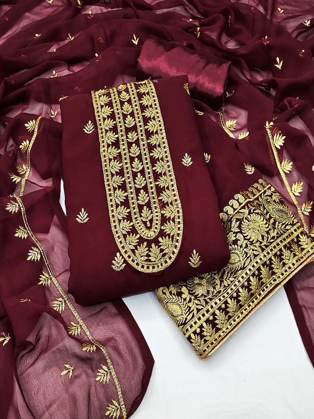 

Lilots Embroidered Unstitched Dress Material, Maroon