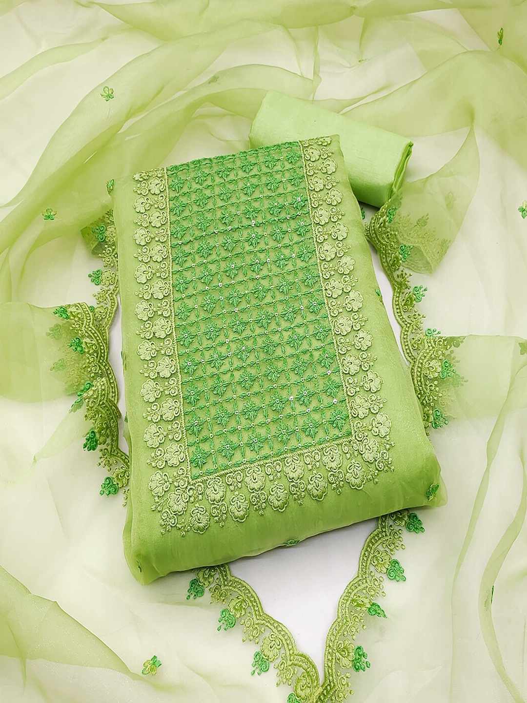

Lilots Organza Unstitched Dress Material, Green