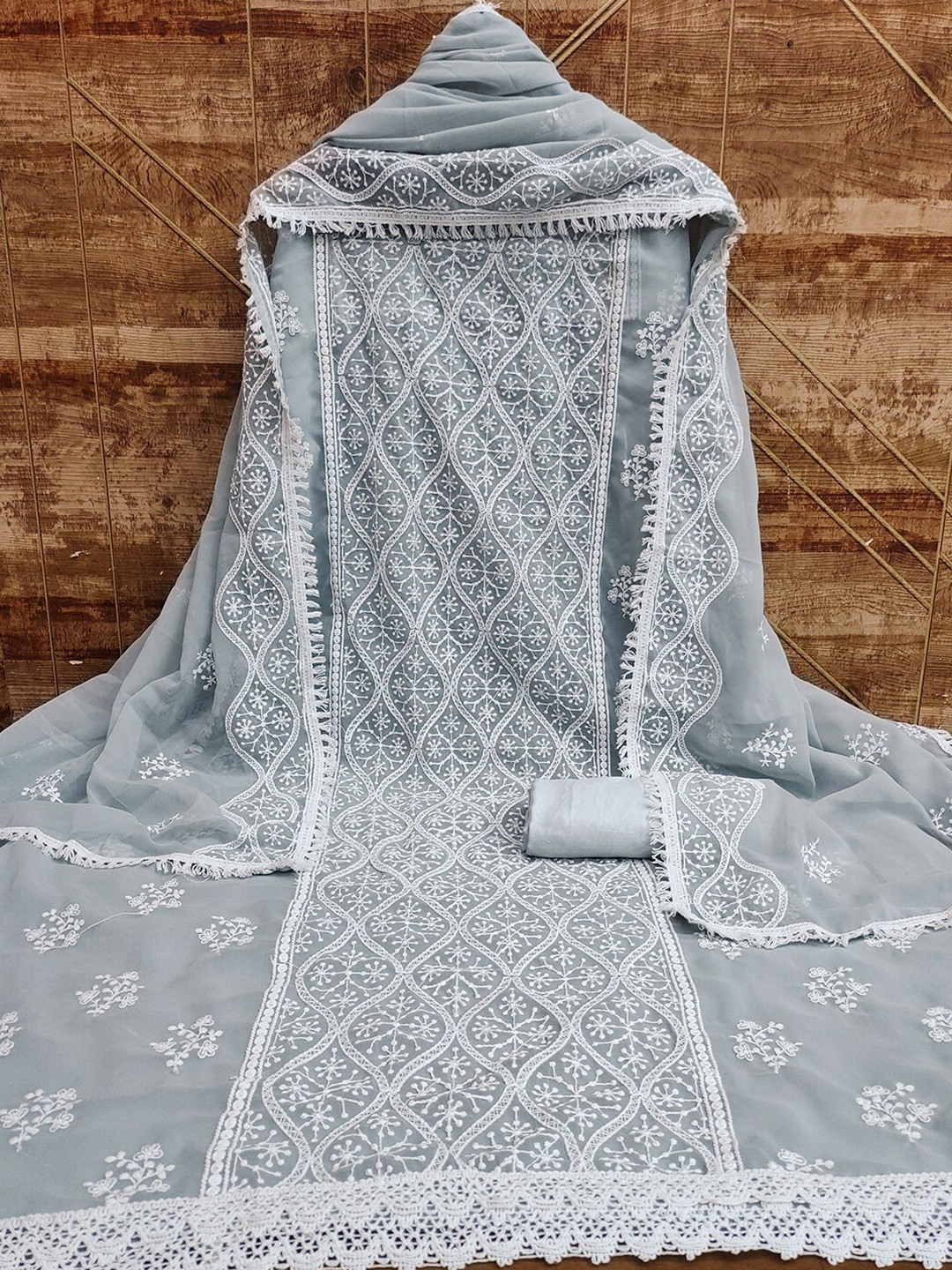 

Lilots Unstitched Floral Embroidered Dress Material, Grey