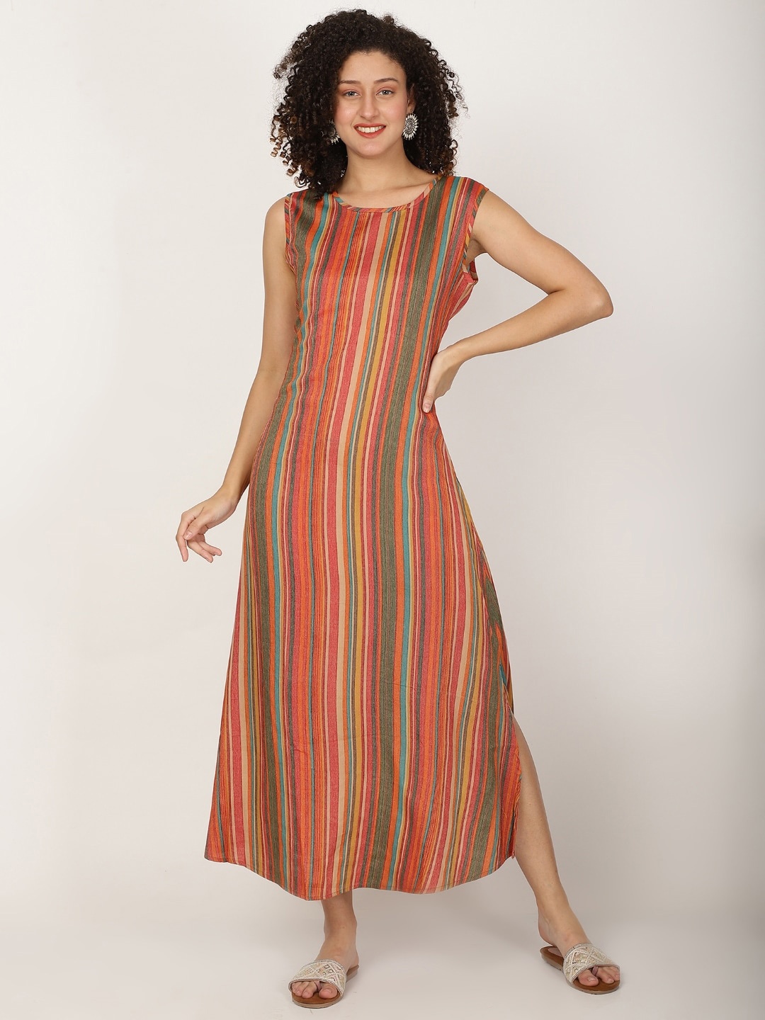 

Rue Collection Striped Sleeveless Cotton A-line Kurta, Brown