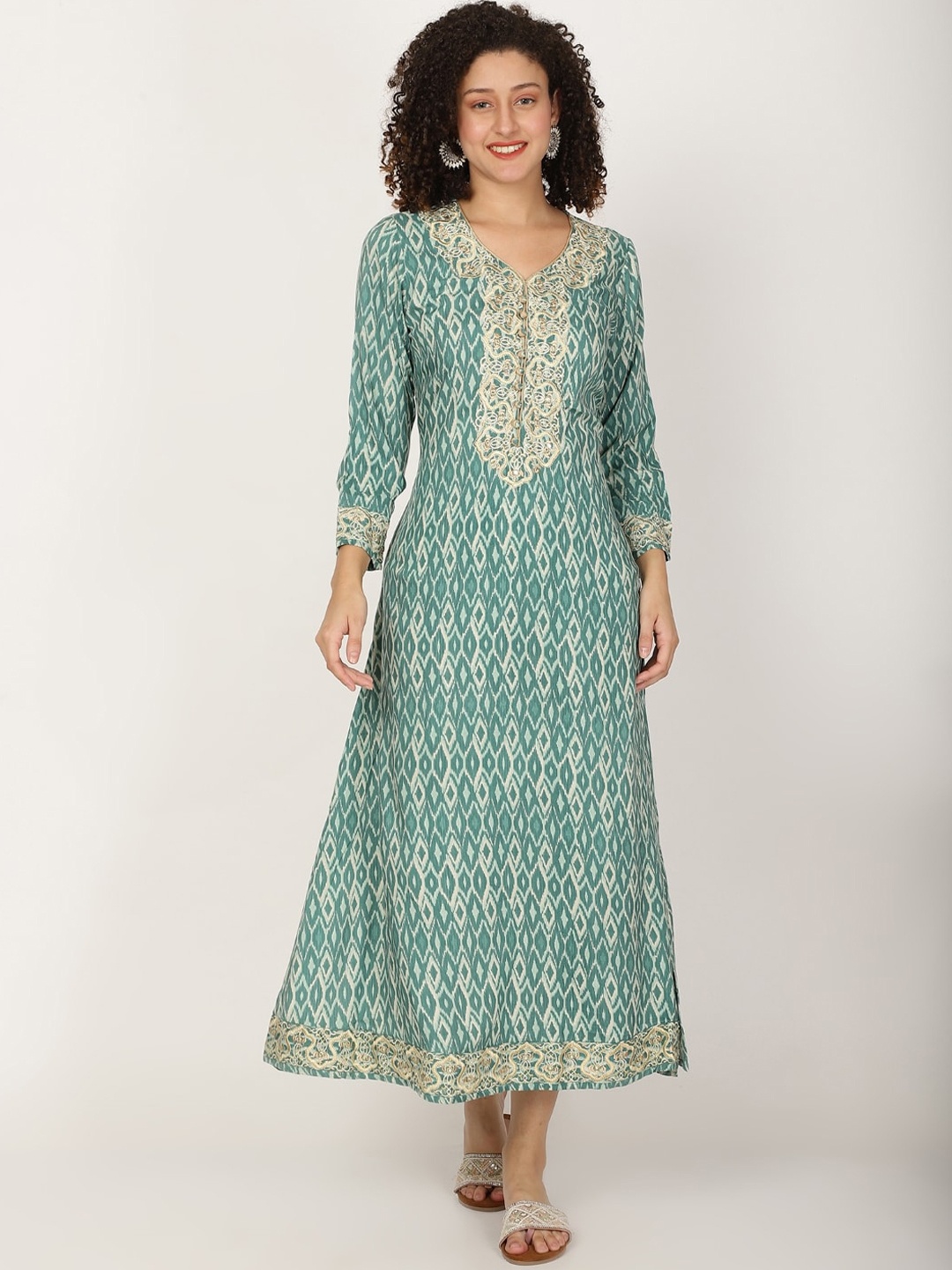 

Rue Collection Paisley Printed Sequinned Anarkali Kurta, Green
