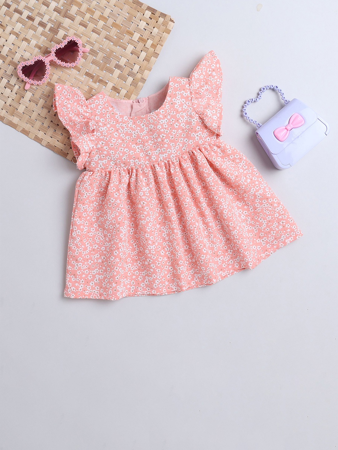 

MANY FROCKS & Floral Printed Flutter Sleeve Crepe Fit & Flare Dress, Peach