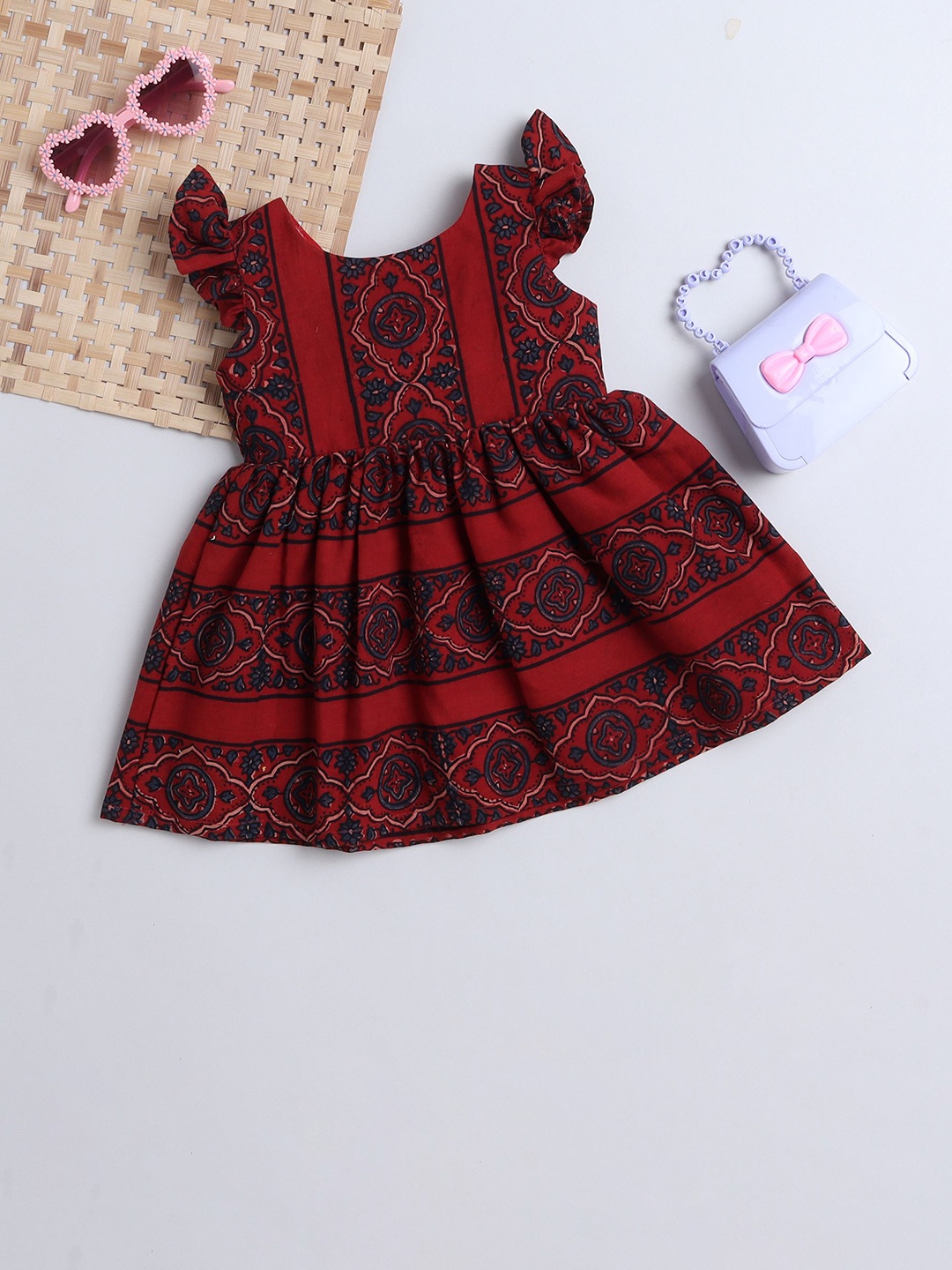 

MANY FROCKS & Girls Ethnic Motifs Print Cotton Fit & Flare Dress, Maroon