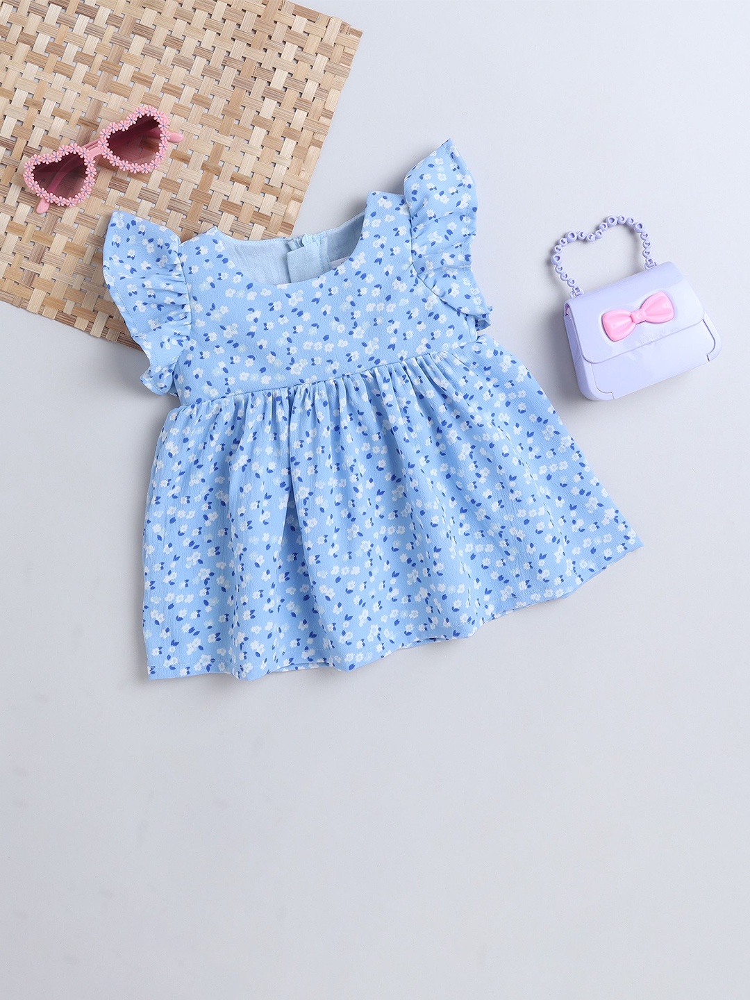 

MANY FROCKS & Girls Floral Print Flutter Sleeve Crepe Fit & Flare Dress, Blue