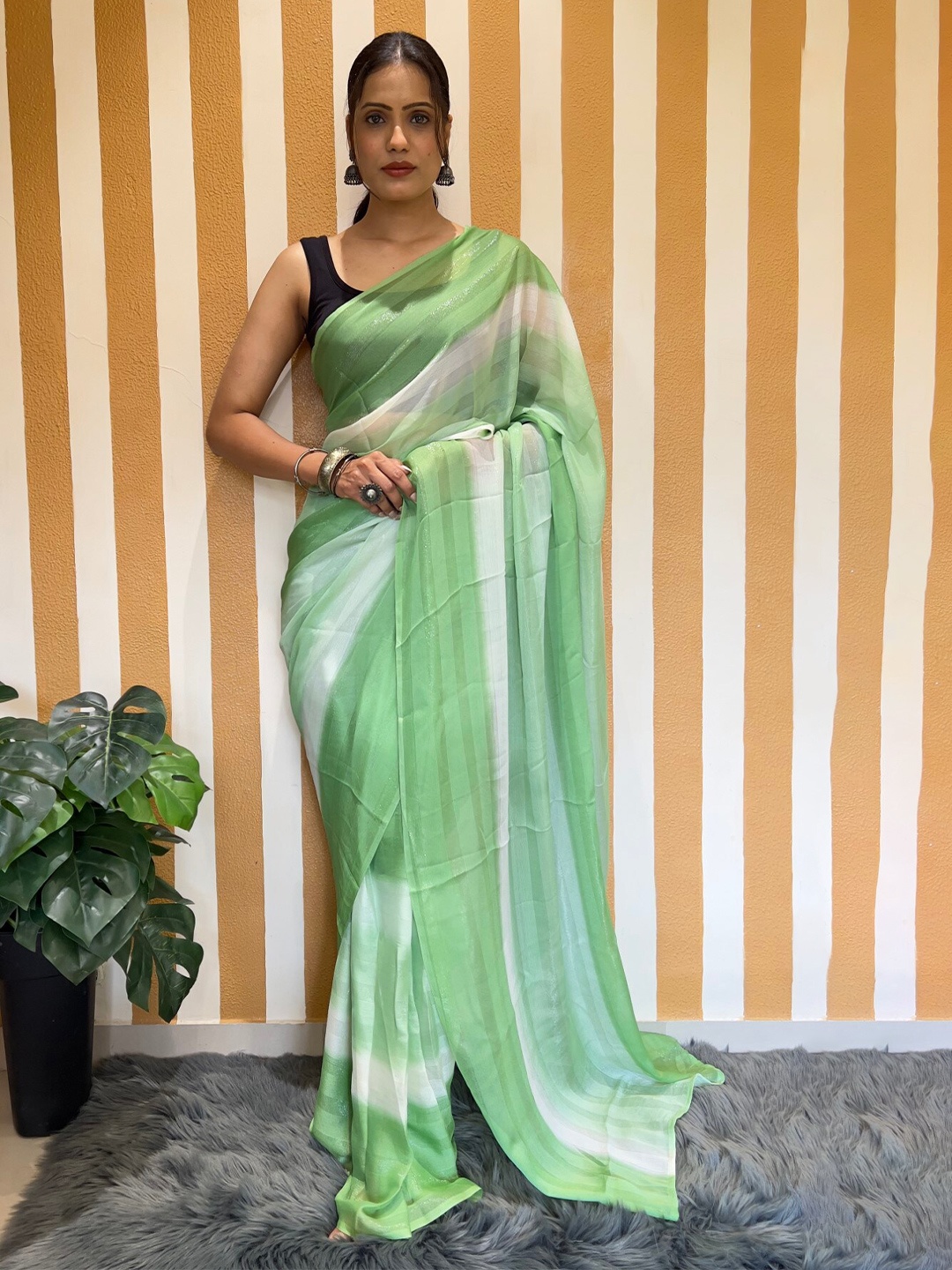 

LeeliPeeri Designer Striped Ready to Wear Saree, Green