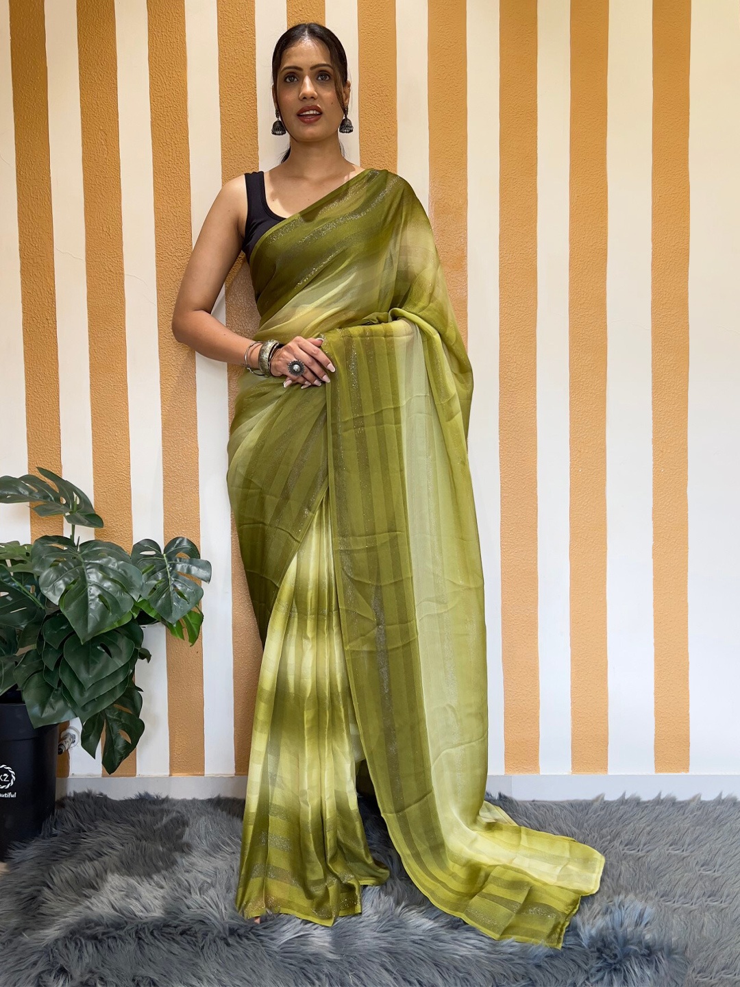 

LeeliPeeri Designer Striped Ready to Wear Saree, Olive