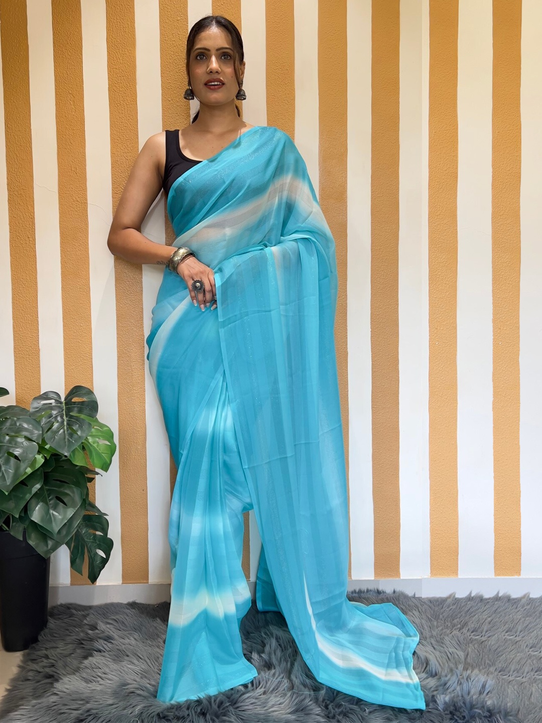

LeeliPeeri Designer Striped Ready to Wear Saree, Blue