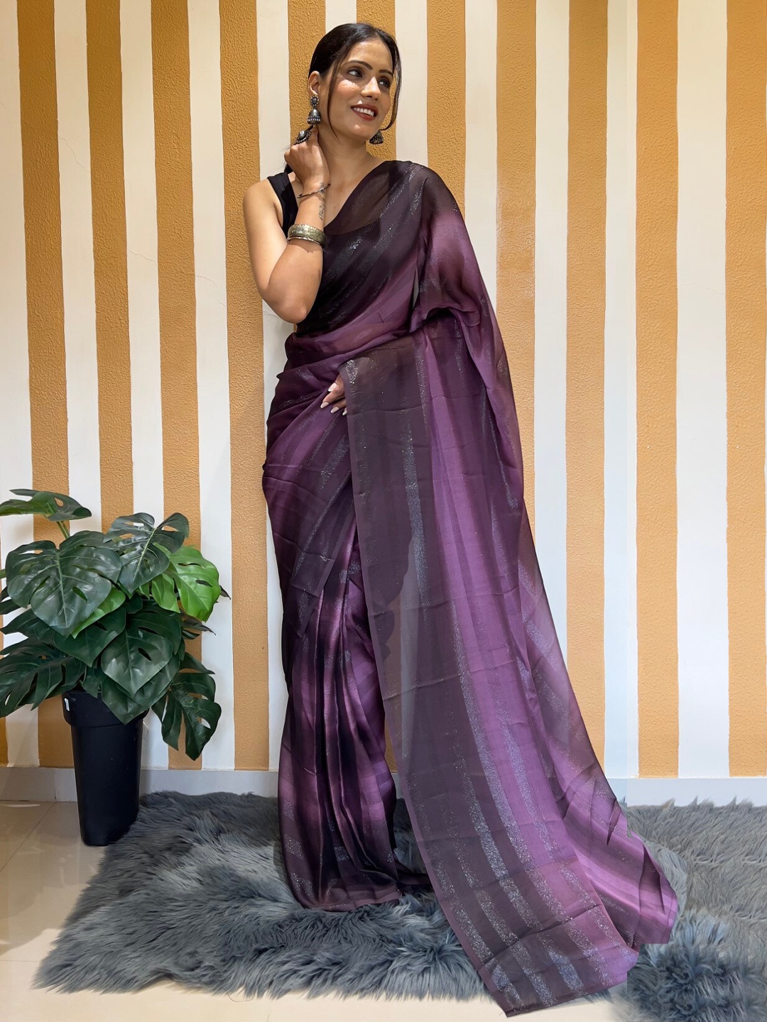 

LeeliPeeri Designer Striped Poly Georgette Ready to Wear Saree, Purple