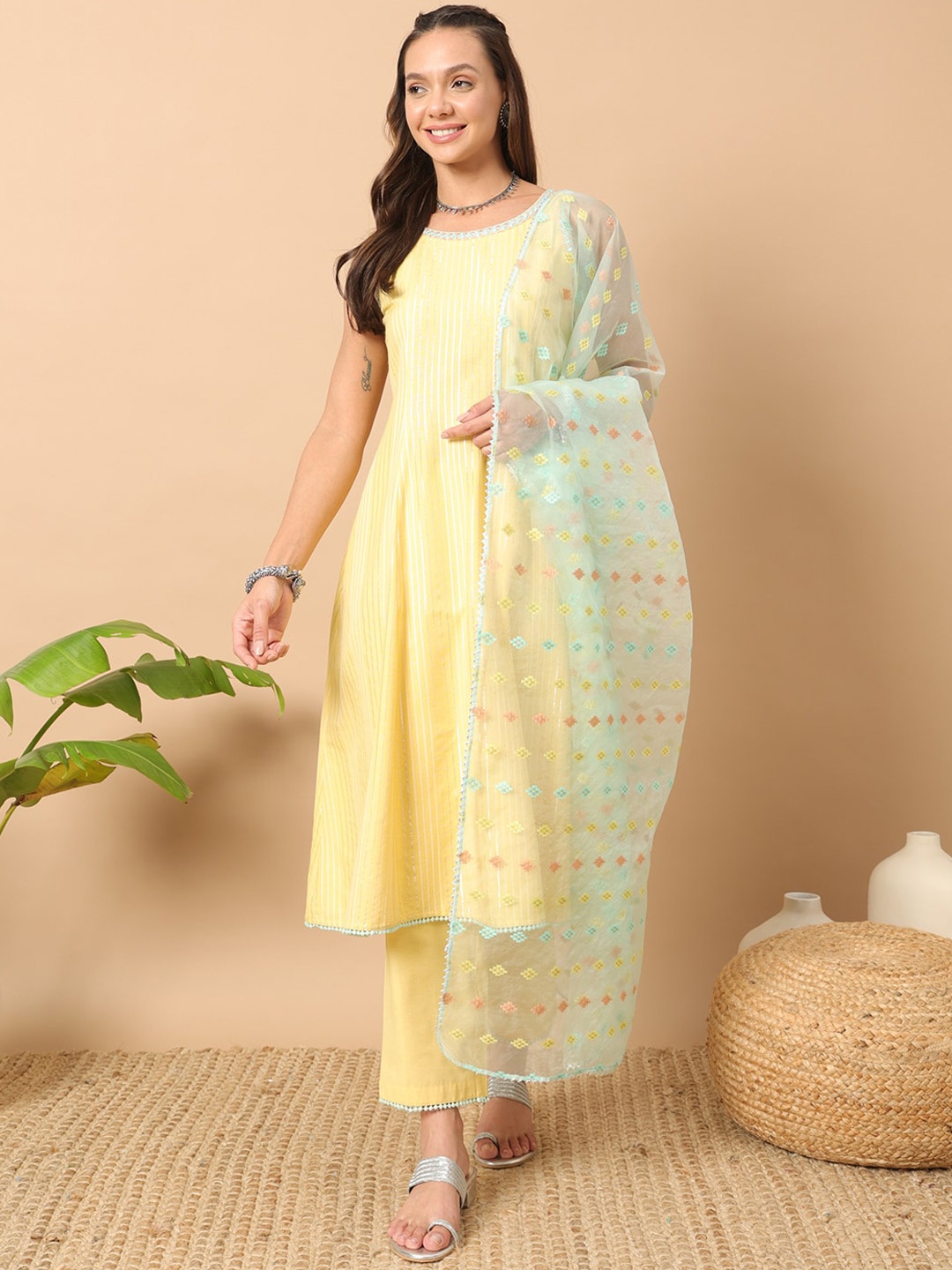 

FIORRA Striped Regular Pure Cotton Kurta with Trousers & Dupatta, Yellow