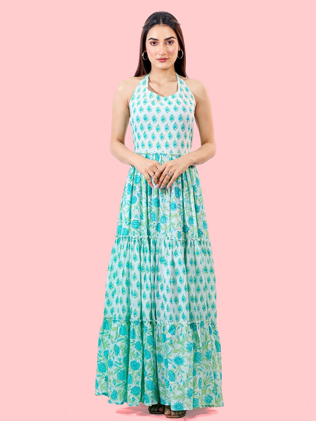 

ALIYANA Floral Printed Halter Neck Cotton Maxi Dress, Sea green