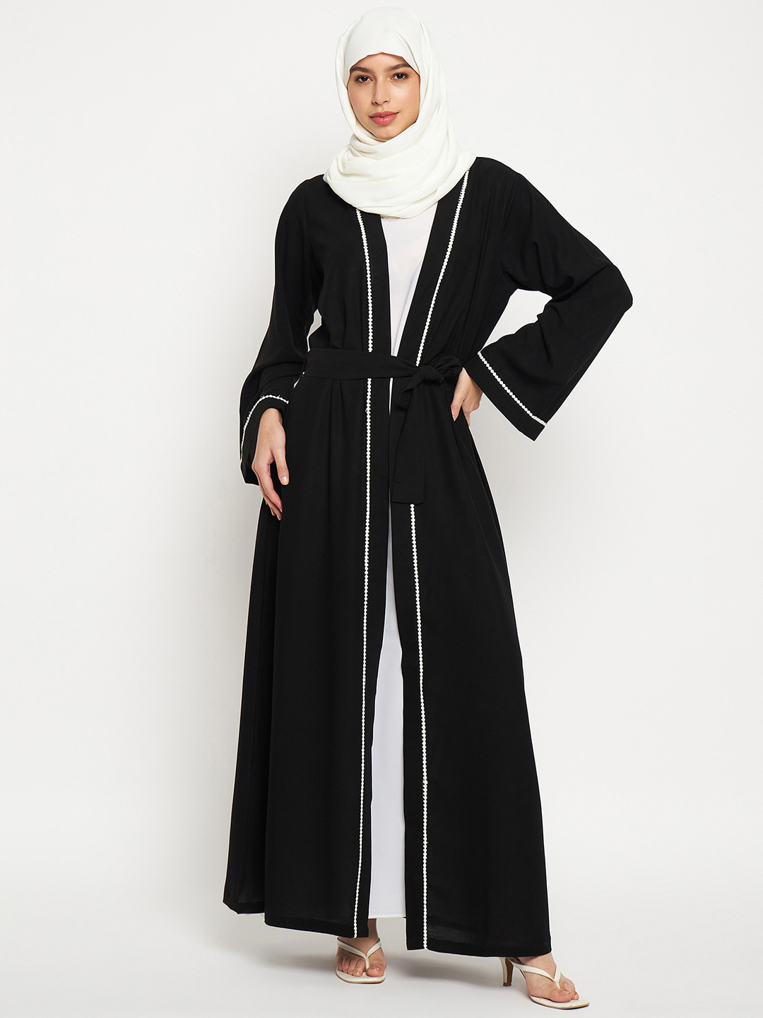 

NABIA Lace Details Shrug With Belt, Black