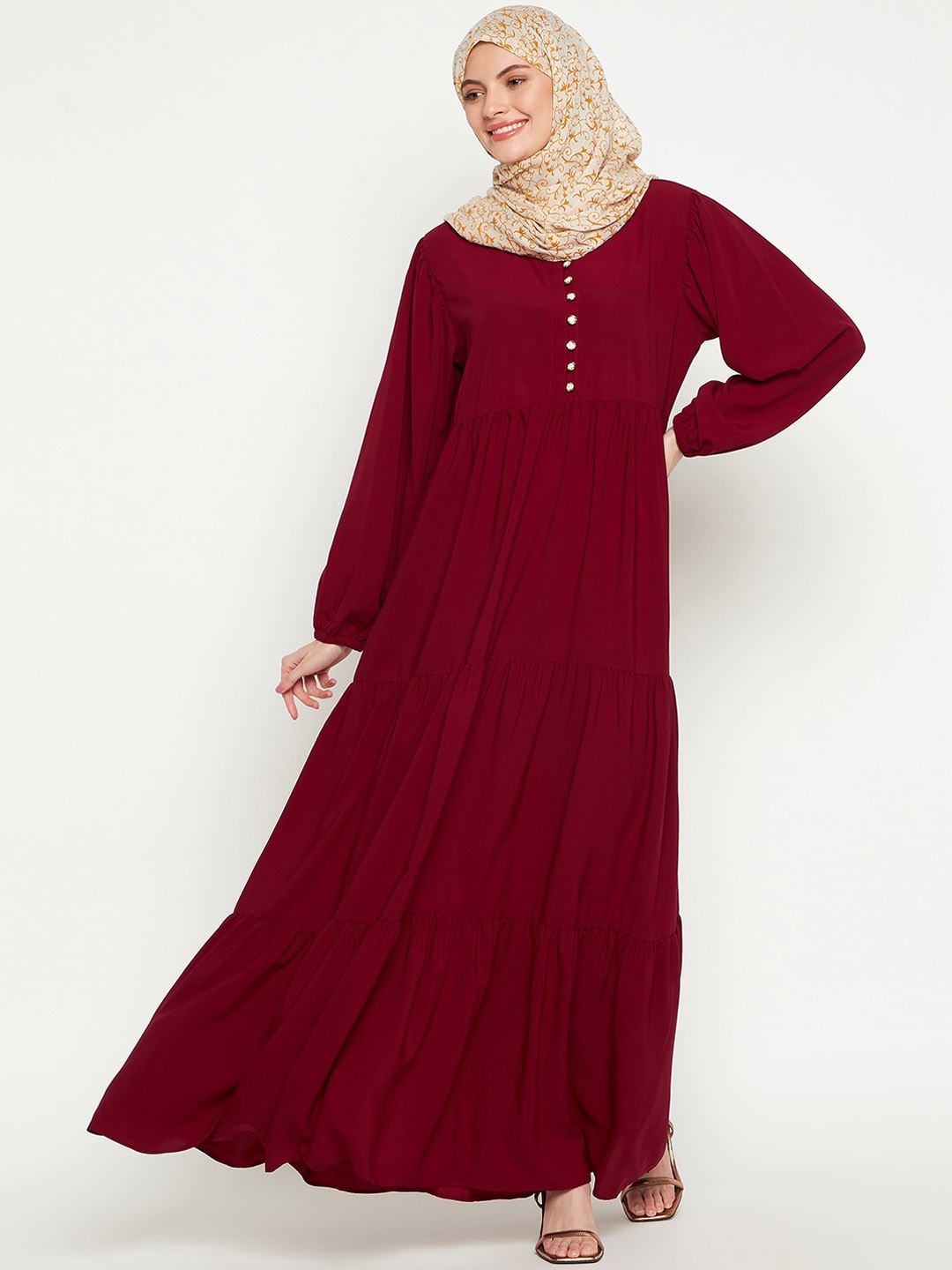 

NABIA Round Neck Long Sleeve Frilled Abaya Burqa, Maroon